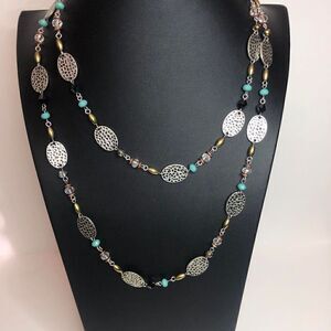 479 Premier Designs beaded long station silvertone necklace 42"